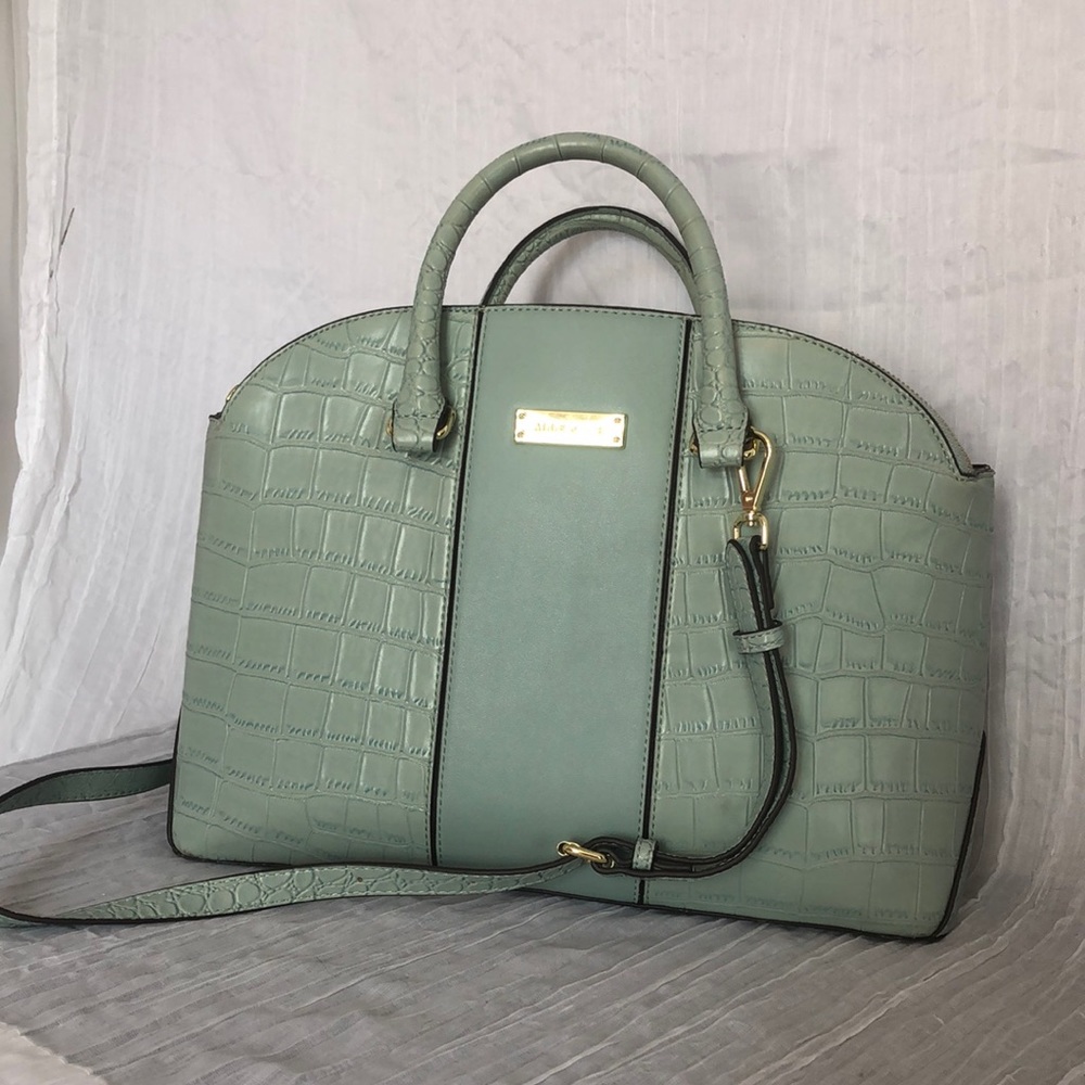 ANNE KLEIN bowling bag tote purse & crossbody strap lt teal/ green, gold accents